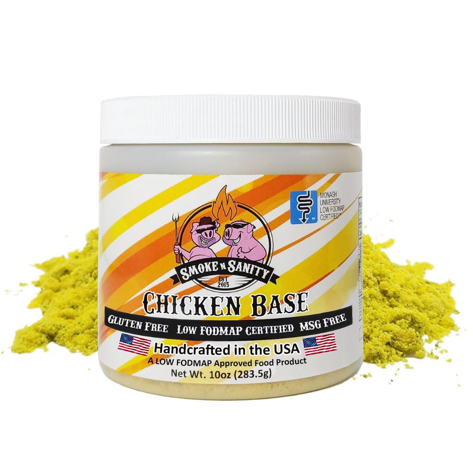 Smoke n Sanity Chicken Base bottle front view, showcasing low FODMAP seasoning.