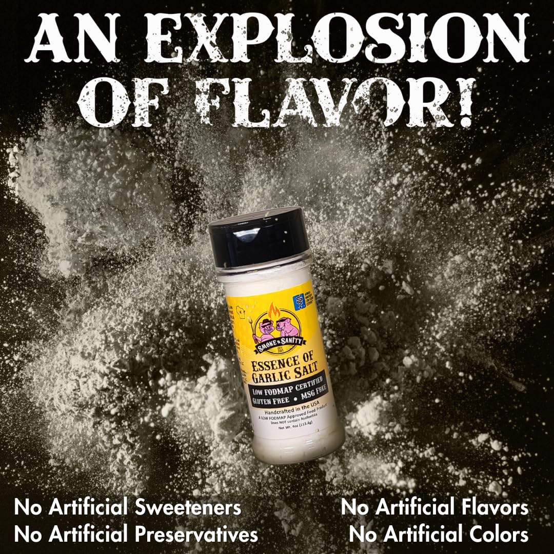 Smoke n Sanity Essence of Garlic Salt packaging highlighting clean ingredients