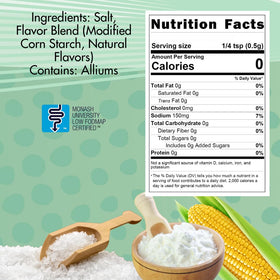 Smoke n Sanity Essence of Onion Salt bottle close-up showing certified low FODMAP labeling.