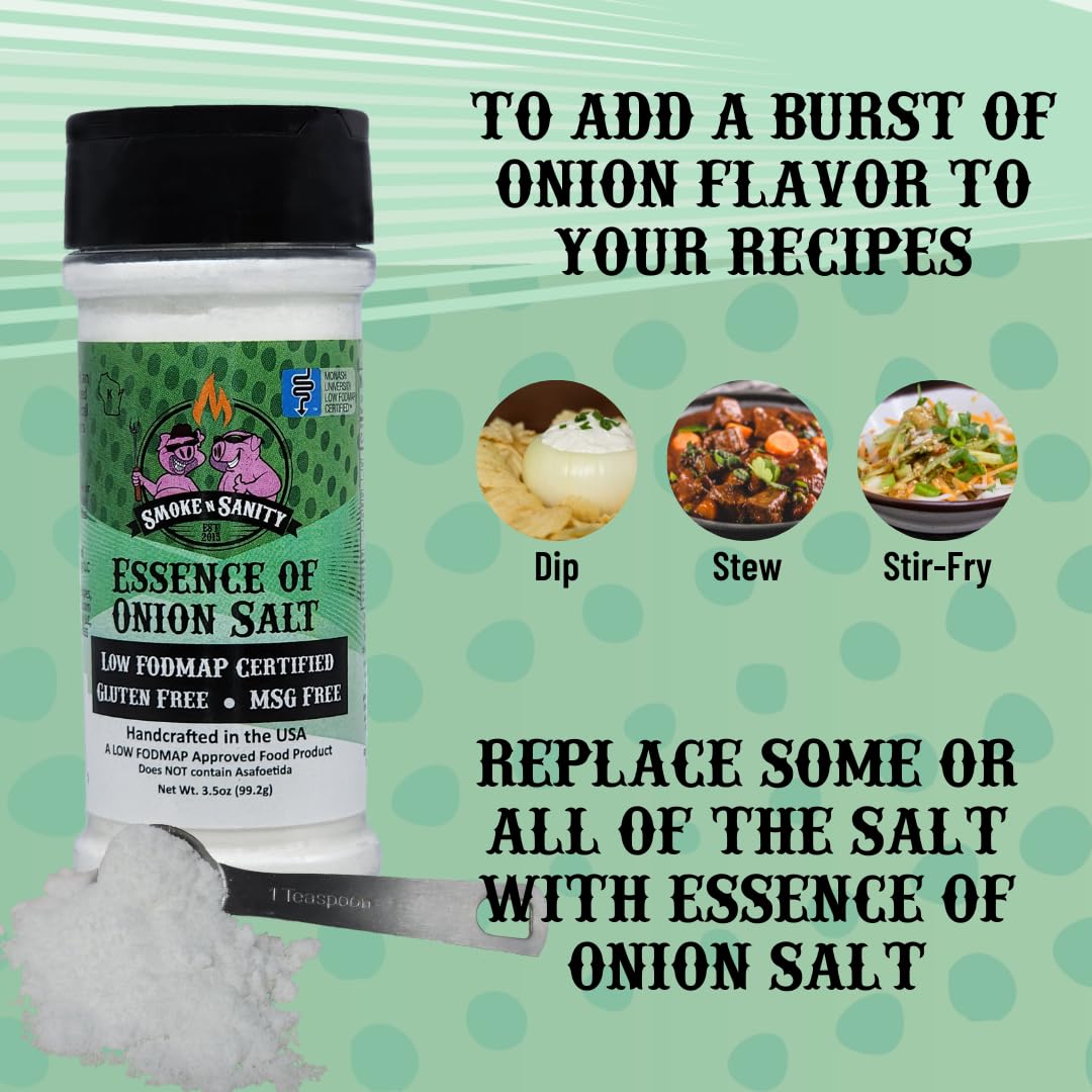 Smoke n Sanity Essence of Onion Salt shaker pouring on roasted vegetables for flavor.