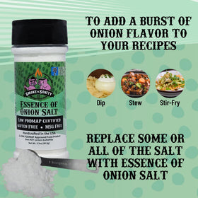 Smoke n Sanity Essence of Onion Salt shaker pouring on roasted vegetables for flavor.