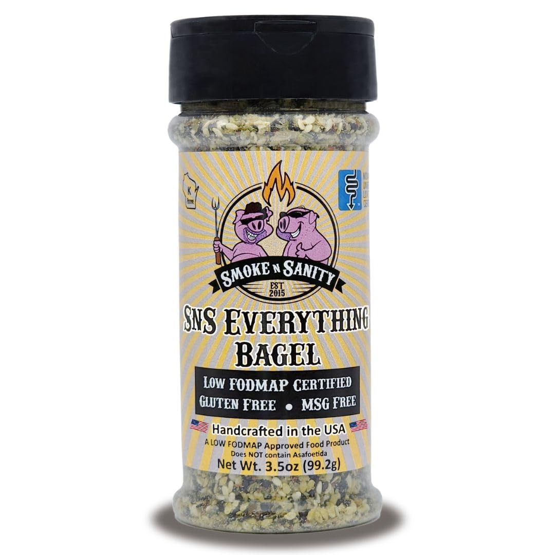 Smoke n Sanity Everything Bagel Seasoning shaker on kitchen counter, versatile for tuna and vegetables