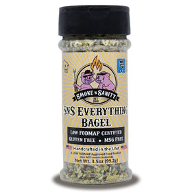 Smoke n Sanity Everything Bagel Seasoning shaker on kitchen counter, versatile for tuna and vegetables