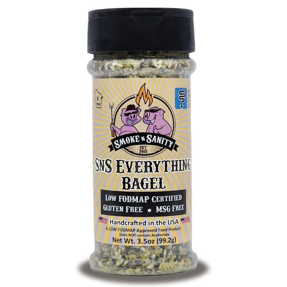 Smoke n Sanity Everything Bagel Seasoning shaker on kitchen counter, versatile for tuna and vegetables