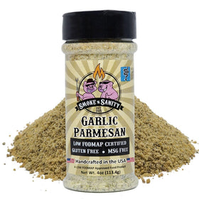 Smoke n Sanity Garlic Parmesan bottle showing versatile low FODMAP flavor enhancer.