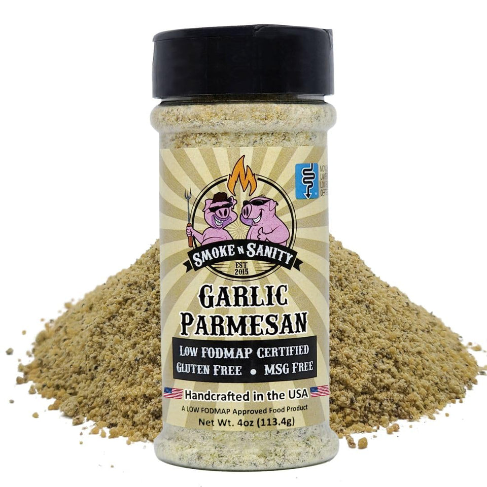 Smoke n Sanity Garlic Parmesan bottle showing versatile low FODMAP flavor enhancer.