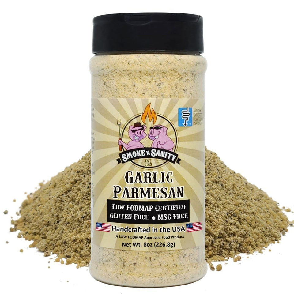 Smoke n Sanity Garlic Parmesan low FODMAP shaker bottle enhances meals