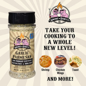 Close-up of Smoke n Sanity Garlic Parmesan shaker for easy pre-cook seasoning.