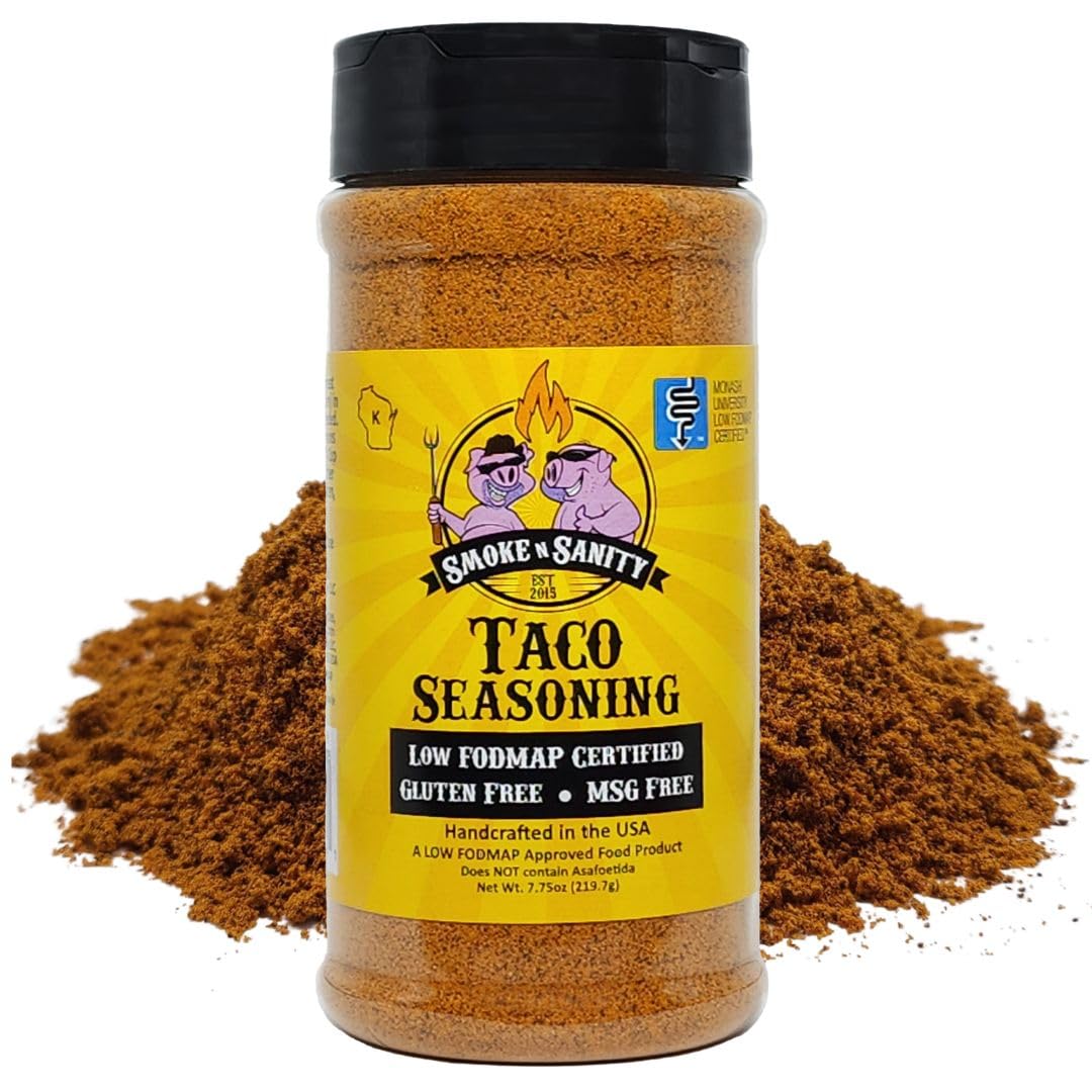 Smoke n Sanity Taco Seasoning 7.75 oz shaker ready for low FODMAP meals