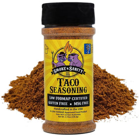 Smoke n Sanity taco seasoning bottle front shows low FODMAP flavor potential
