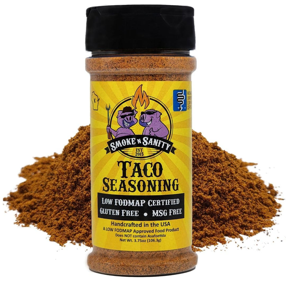 Smoke n Sanity taco seasoning bottle front shows low FODMAP flavor potential