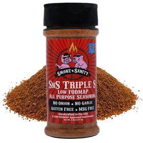 Smoke n Sanity SnS Triple S bottle front showing low FODMAP certified seasoning.