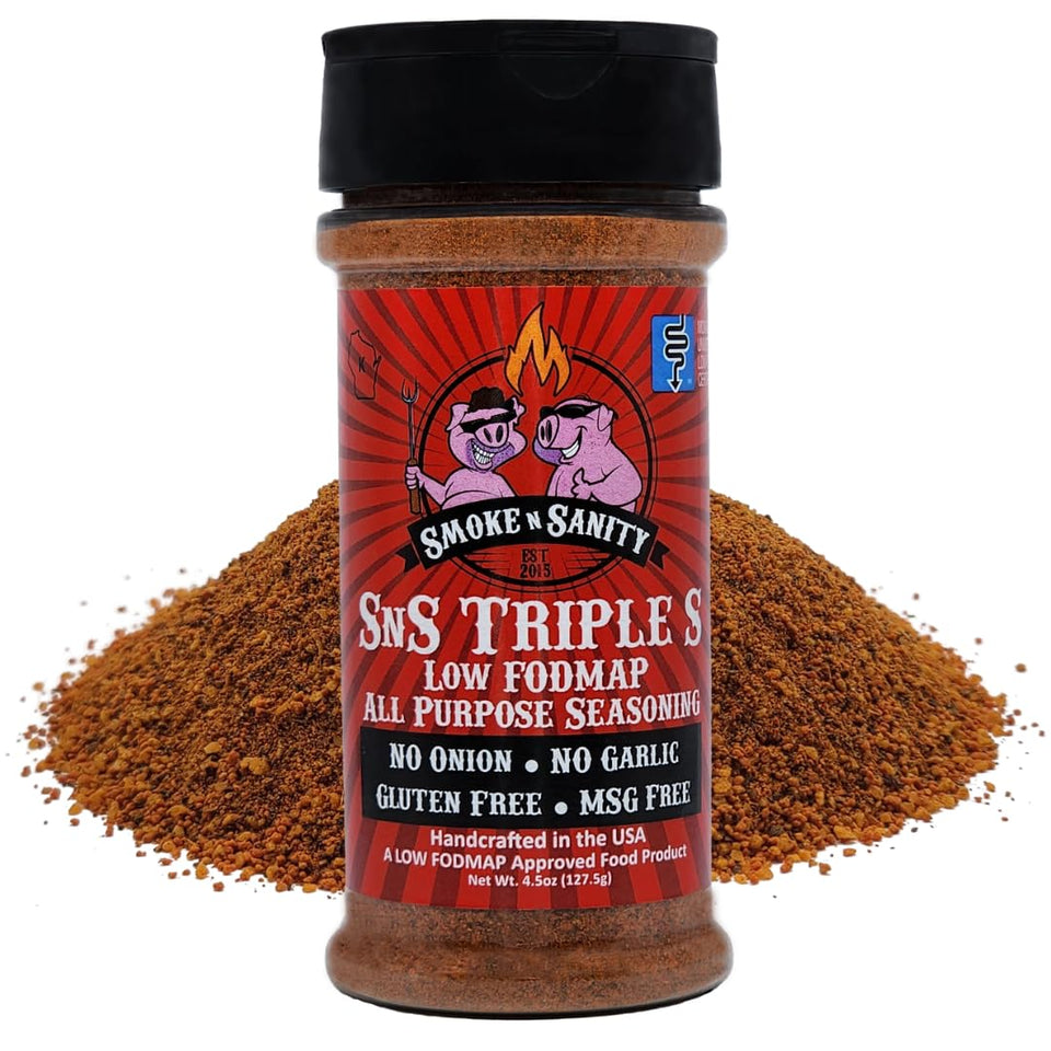 Smoke n Sanity SnS Triple S bottle front showing low FODMAP certified seasoning.