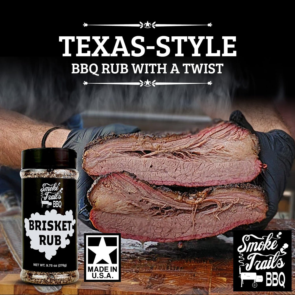 Smoke Trails BBQ brisket rub dispensing pour shows easy seasoning and even coverage