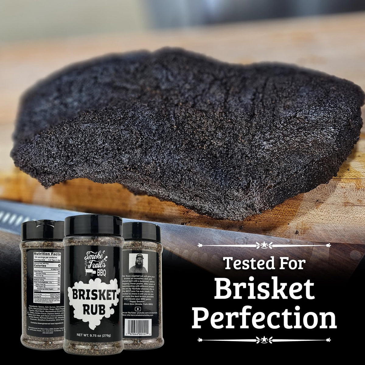 Smoke Trails BBQ brisket rub packaging display signals premium Texas seasoning