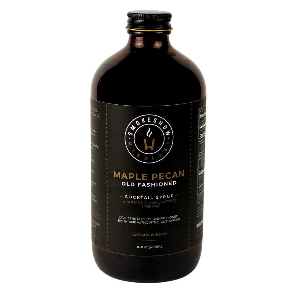 Smokeshow Old Fashioned Maple Pecan syrup bottle ready for home bartending.