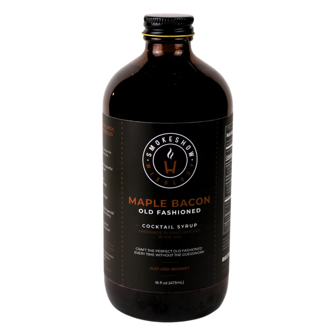 Smokeshow Old Fashioned Maple Bacon syrup bottle highlighting premium ingredients.
