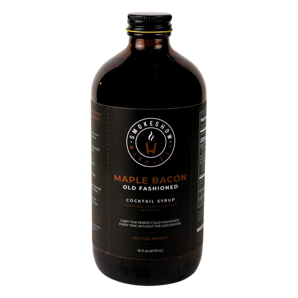 Smokeshow Old Fashioned Maple Bacon syrup bottle highlighting premium ingredients.