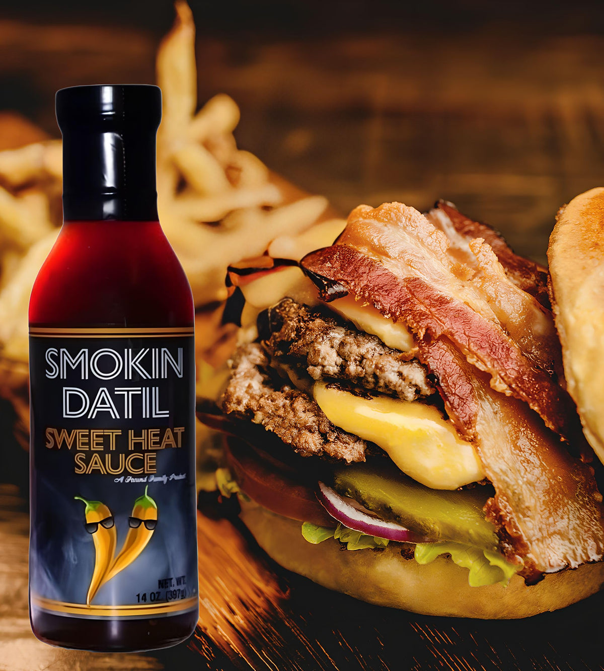 Smokin Datil Sweet Heat 14 oz bottle with award-winning branding.