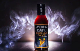 Smokin Datil Sweet Heat bottle back label with 14 oz size and farm-fresh ingredients.