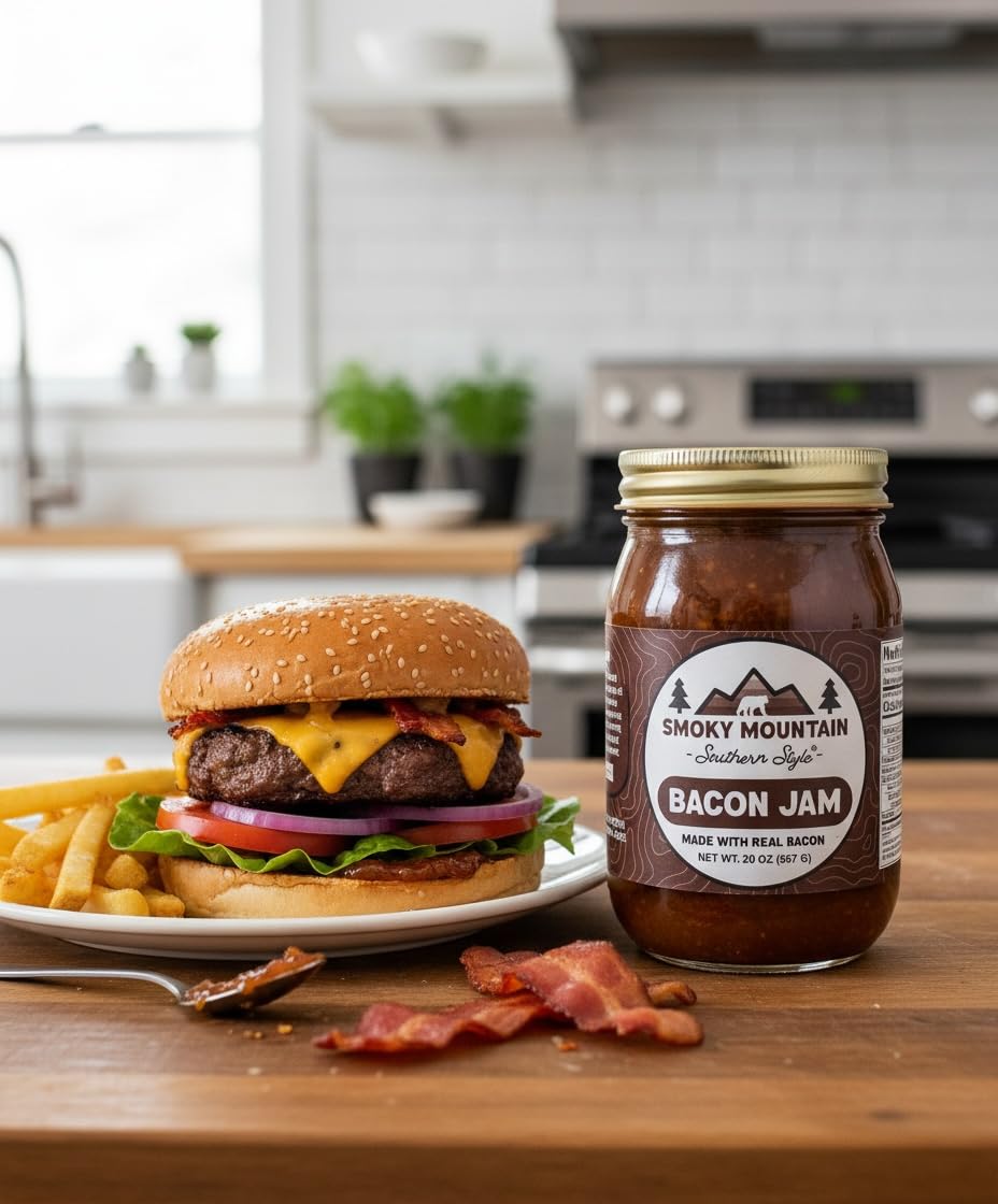 Smoky Mountain Southern Style Bacon Jam burger topping adds savory depth to burgers.