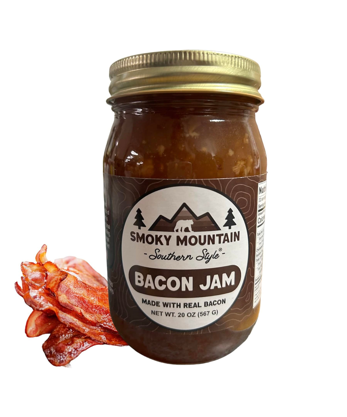 Smoky Mountain Southern Style Bacon Jam jar highlights smoky flavor and ready-to-use versatility.