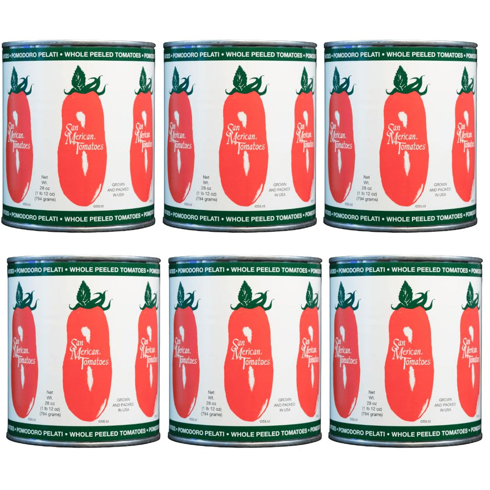 SMT San Merican Tomato whole peeled tomatoes in 28oz can, ideal for rich sauces.