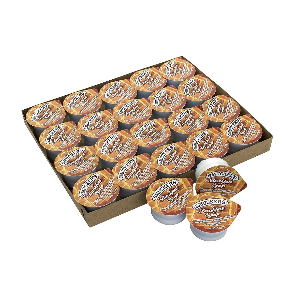 Smucker's bulk syrup tubs designed for restaurant tables and breakrooms.