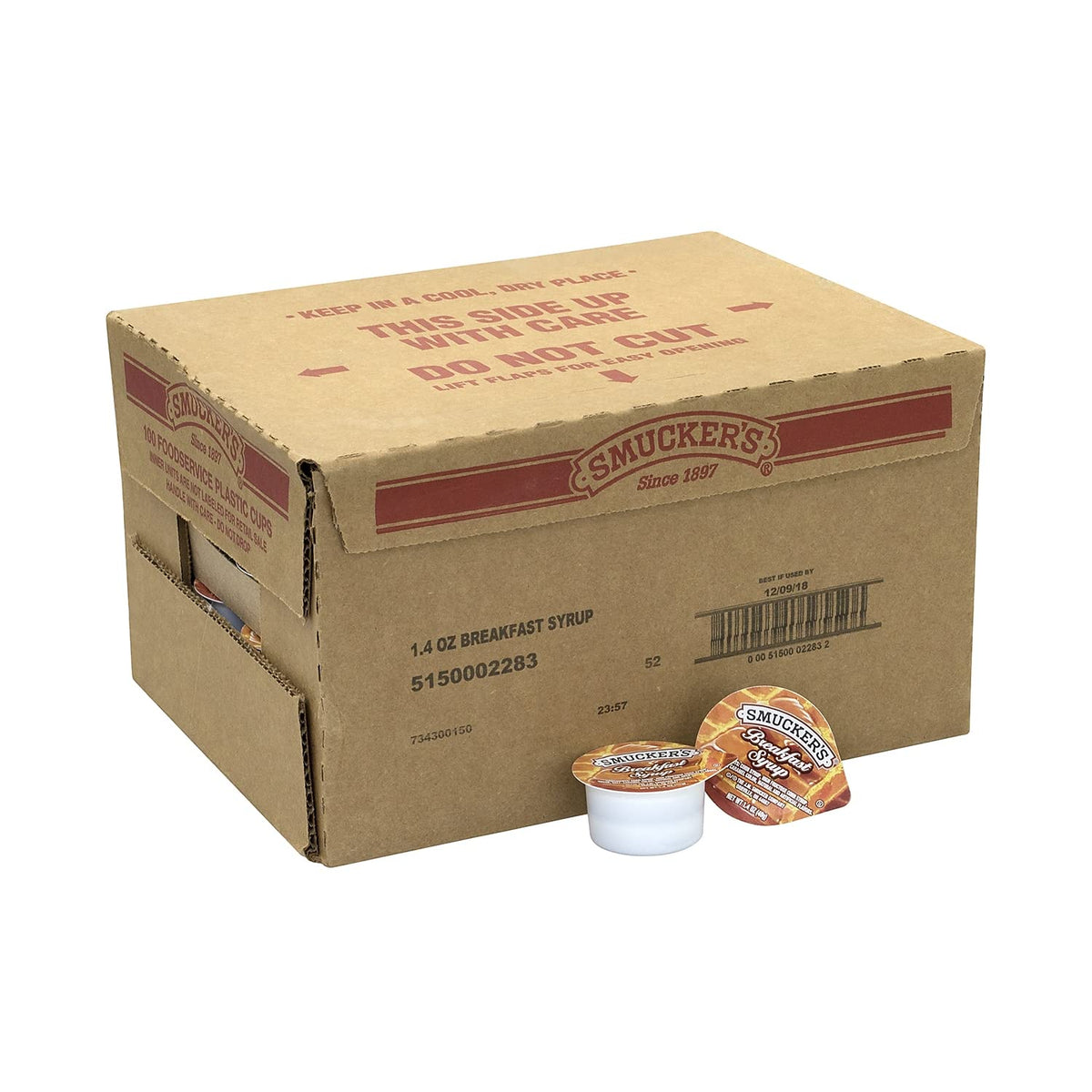 Smucker's breakfast syrup single-serve pack ready to pour for breakfast service.