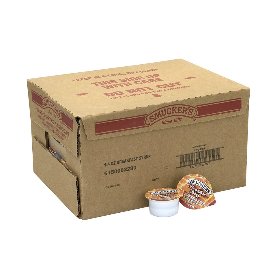 Smucker's breakfast syrup single-serve pack ready to pour for breakfast service.