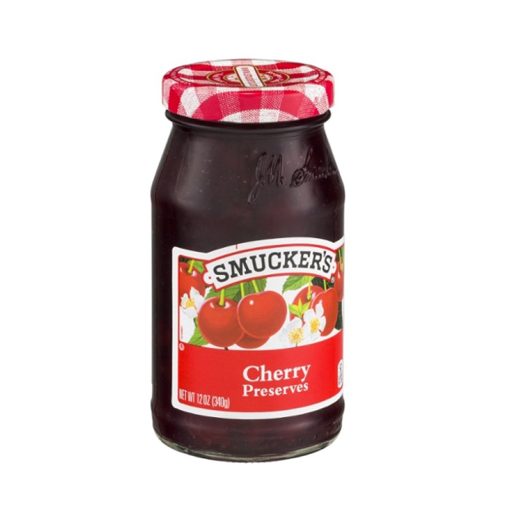 Smucker's Cherry Preserves 12-ounce jar with real cherries and vibrant color, ideal for easy breakfasts.
