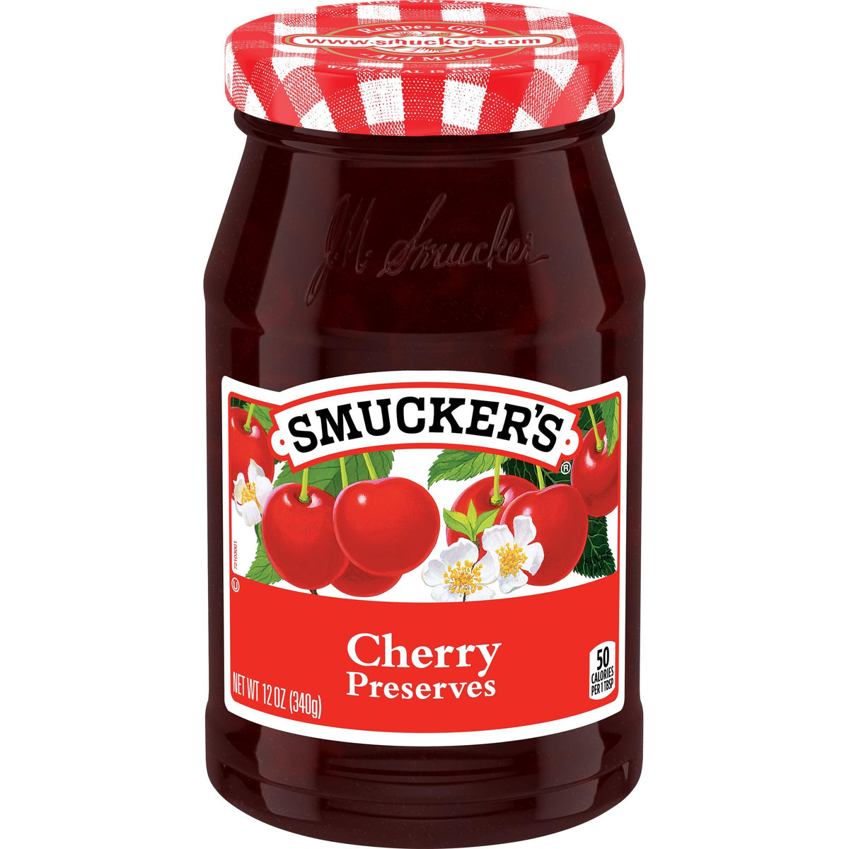 Smucker's Cherry Preserves jar front view, ideal for topping pancakes or filling desserts.