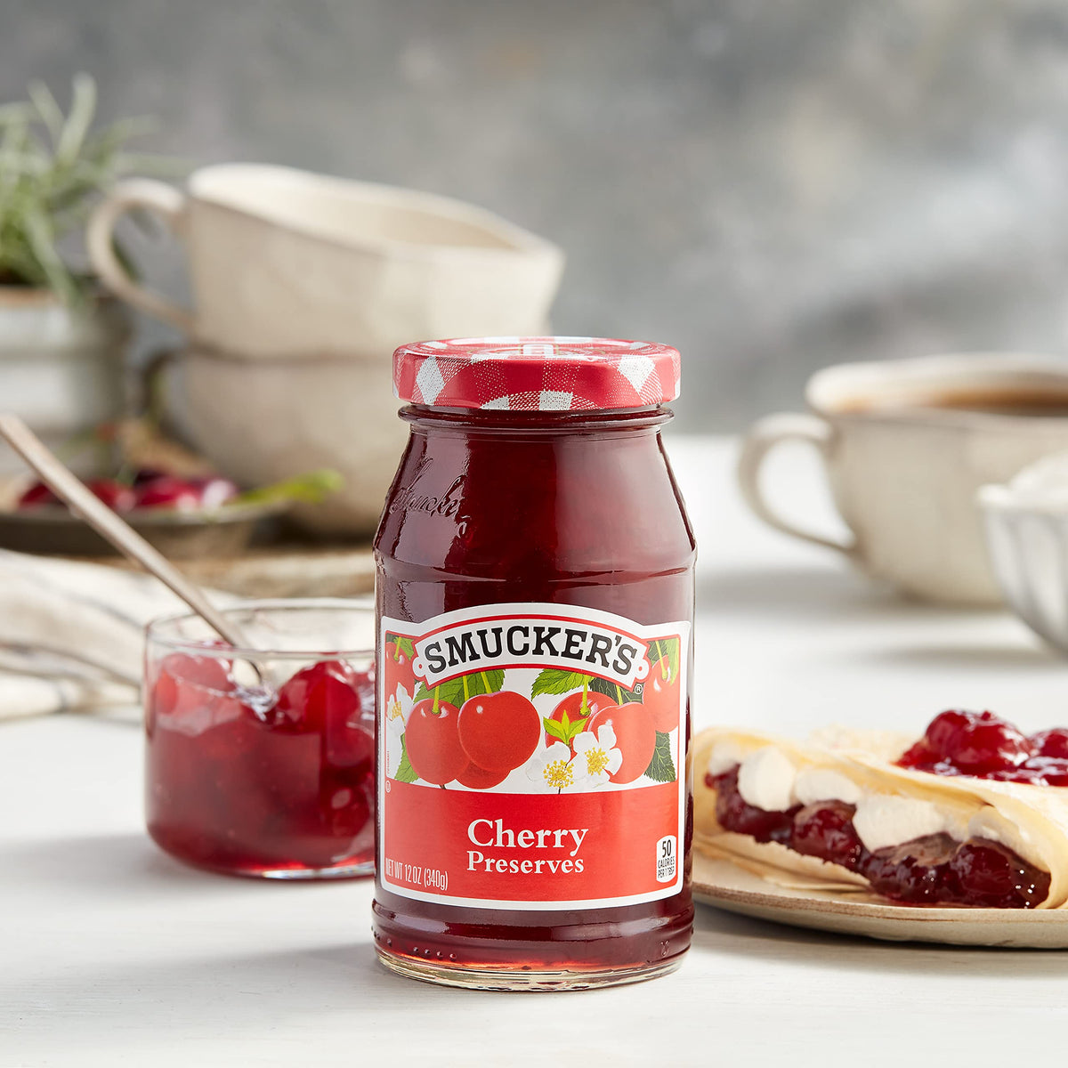Smucker's Cherry Preserves on waffles, delivering vibrant fruit flavor for a brunch treat.