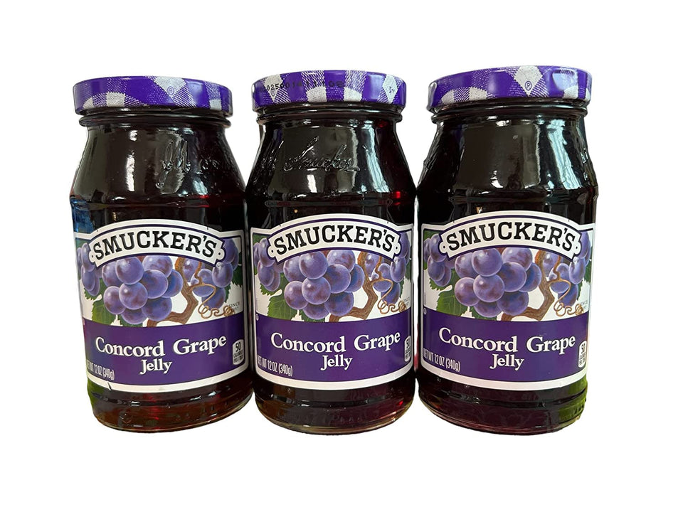 Smucker's Concord Grape Jelly jar pack shown, ideal for PB&J spreads.