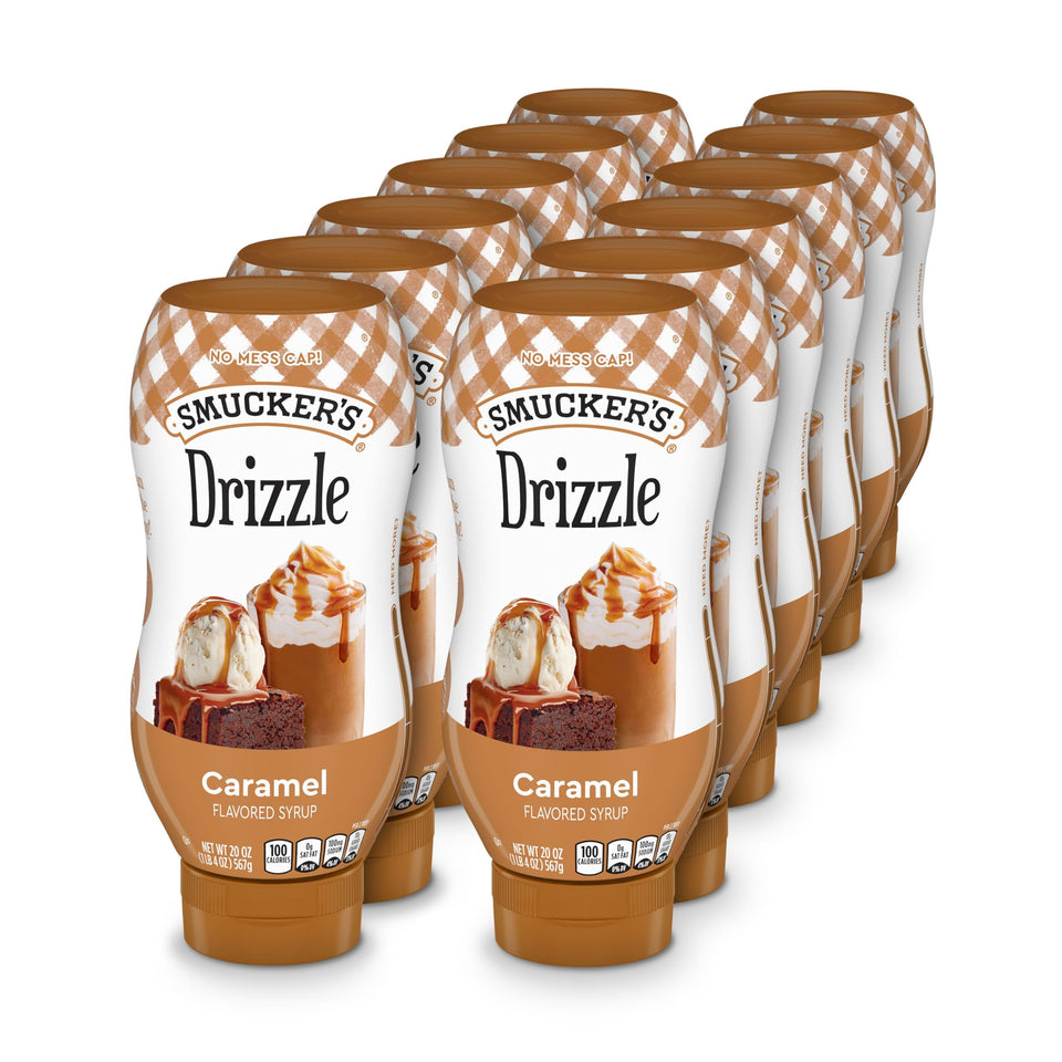 Smucker’s Drizzle caramel syrup bottle showing classic packaging for rich coffee flavor