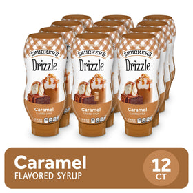 Smucker’s Drizzle caramel syrup added to a coffee cup for flavor enhancement