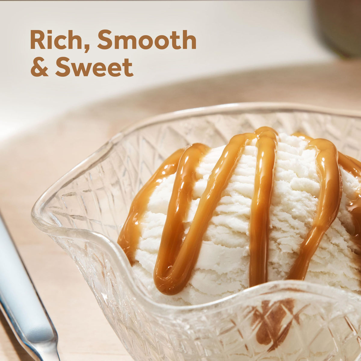 Smucker’s Drizzle caramel syrup poured over ice cream and cheesecake