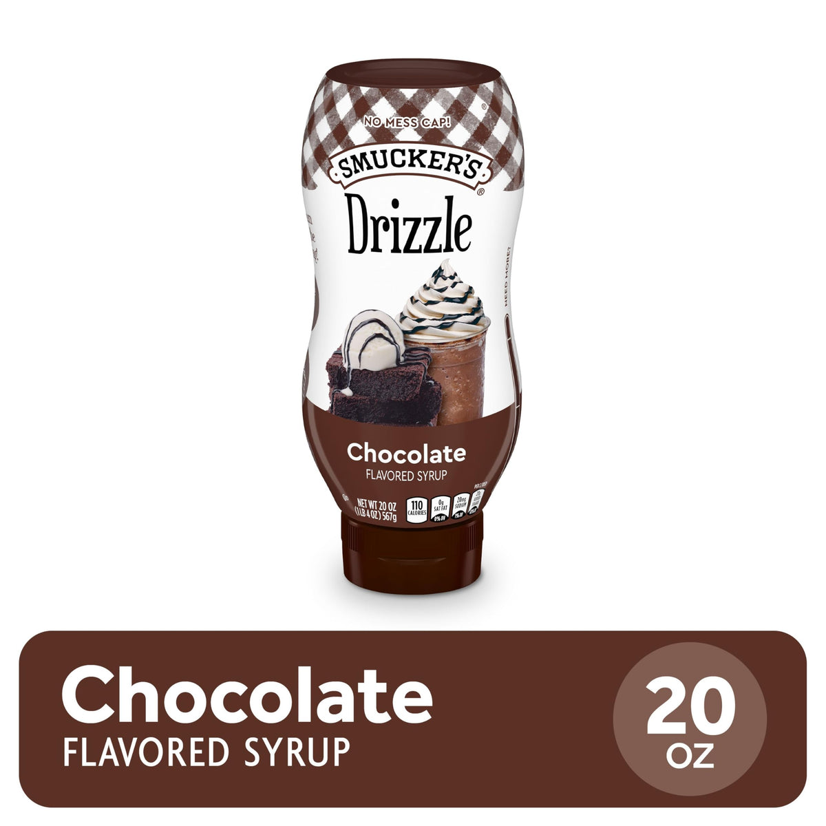 Close-up of Smucker’s Drizzle bottle pouring smooth chocolate drizzle