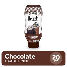 Close-up of Smucker’s Drizzle bottle pouring smooth chocolate drizzle