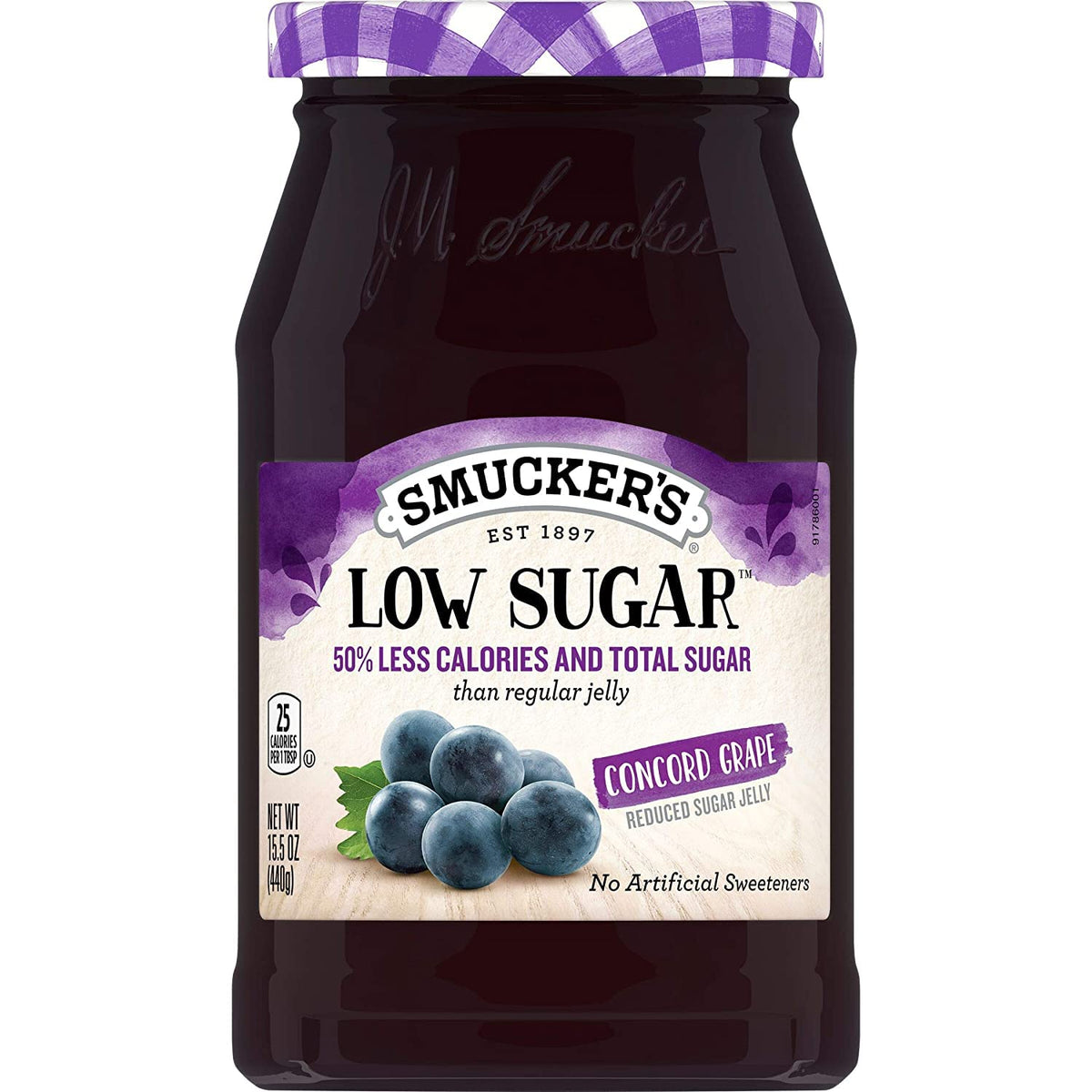 Smucker's Low Sugar Concord Grape Jelly jar front label with reduced sugar.