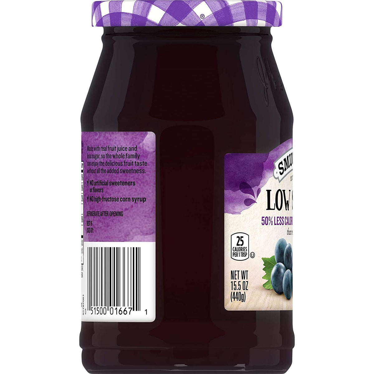 Smucker's Low Sugar Concord Grape Jelly label close-up showing reduced sugar claim.