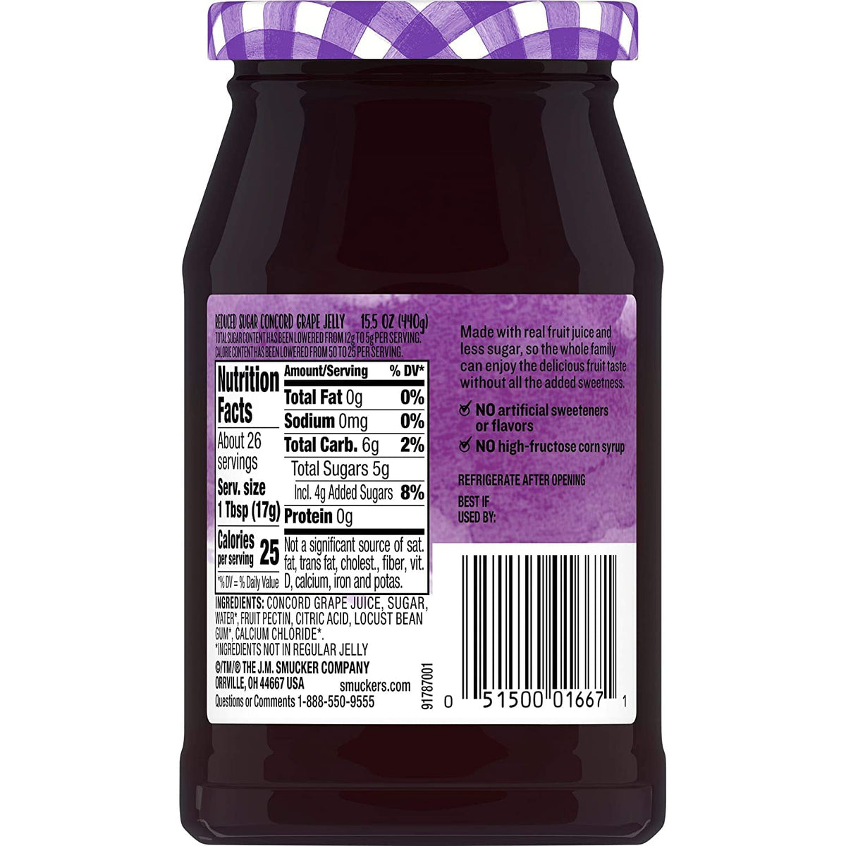 Smucker's Low Sugar Concord Grape Jelly pack of 3 on kitchen counter.