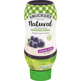 Smucker's natural Concord grape spread bottle top view for easy dispensing and pour control.