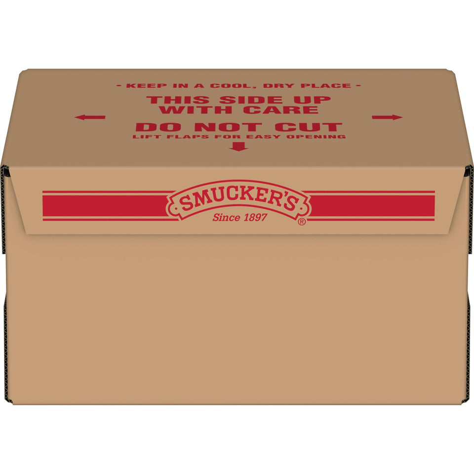 Smucker's Natural Syrup 1oz portion cup on a tabletop caddy for easy service.