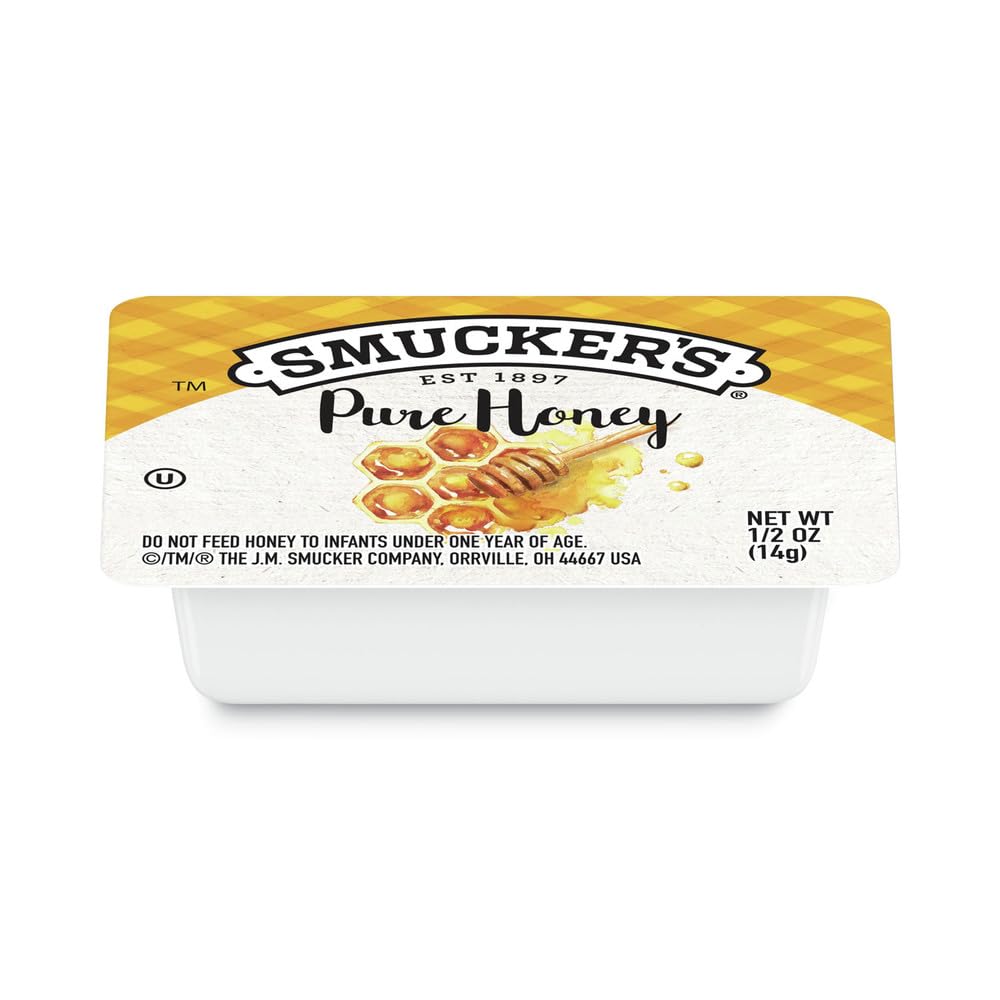 Smucker's Pure Honey portion cup packaging highlights branded quality for guests.