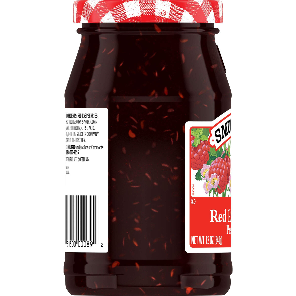 Smucker's Raspberry Preserves jar close-up highlighting ripe fruit for toast and yogurt.