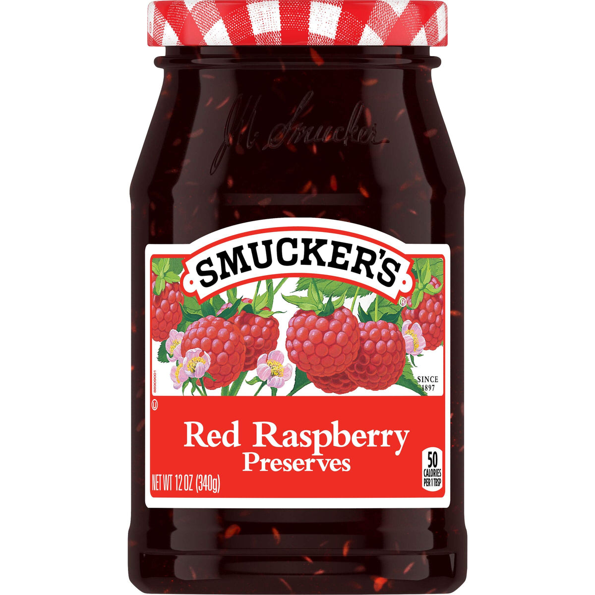 Smucker's Red Raspberry Preserves 6-pack jars, front view, pantry-friendly breakfast spread.