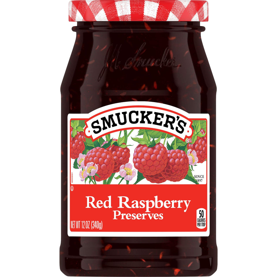 Smucker's Red Raspberry Preserves 6-pack jars, front view, pantry-friendly breakfast spread.