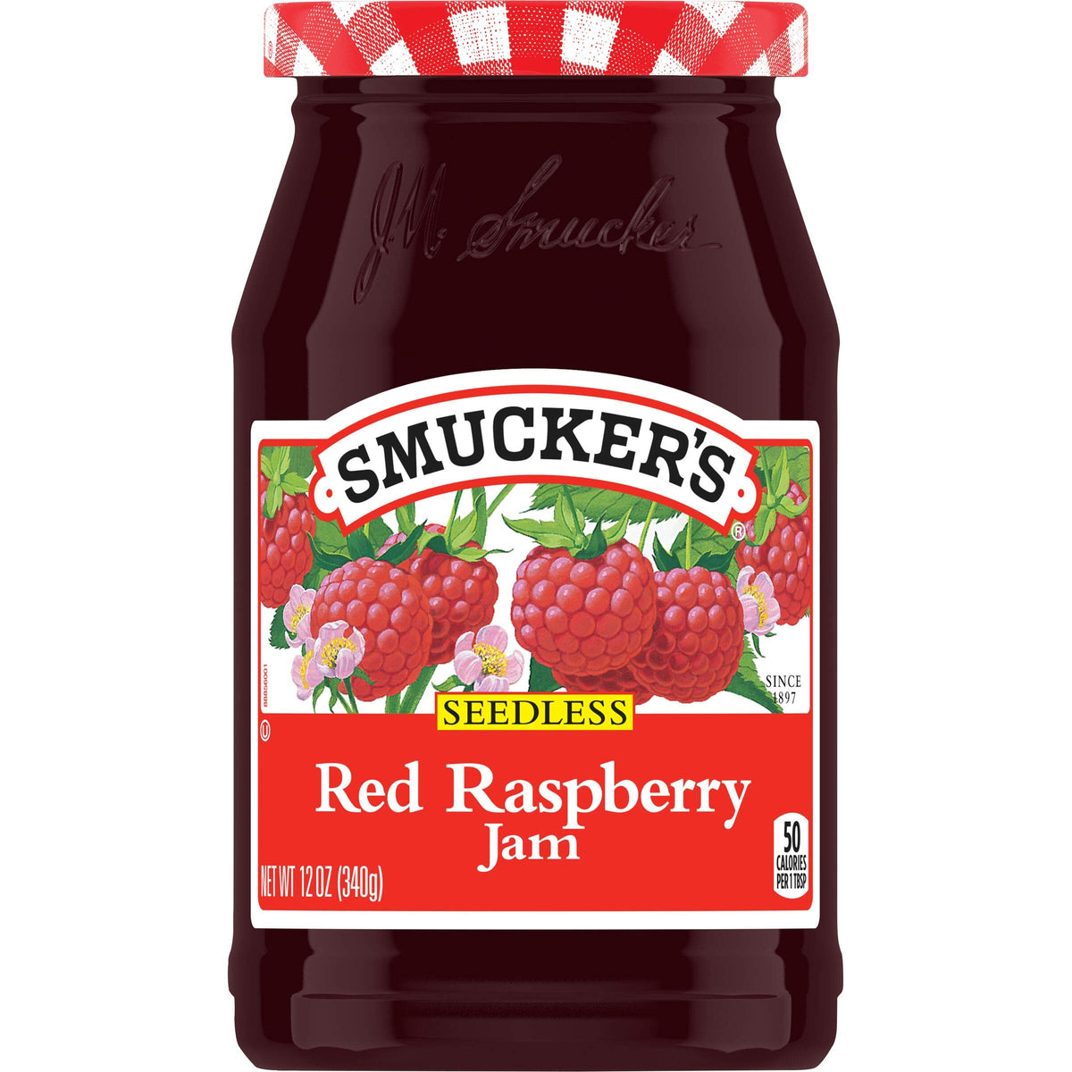 Smucker's Seedless Red Raspberry Jam jar shows seedless texture for easy spreading.