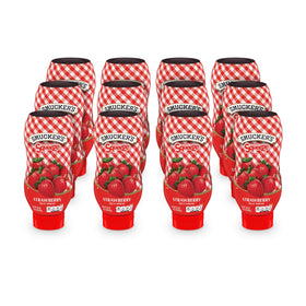 Smucker's Squeeze Strawberry bottle demonstrates easy spreading for quick breakfasts.